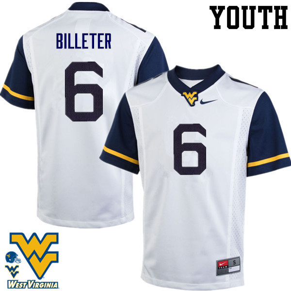 NCAA Youth Will Billeter West Virginia Mountaineers White #6 Nike Stitched Football College Authentic Jersey IF23O83KE